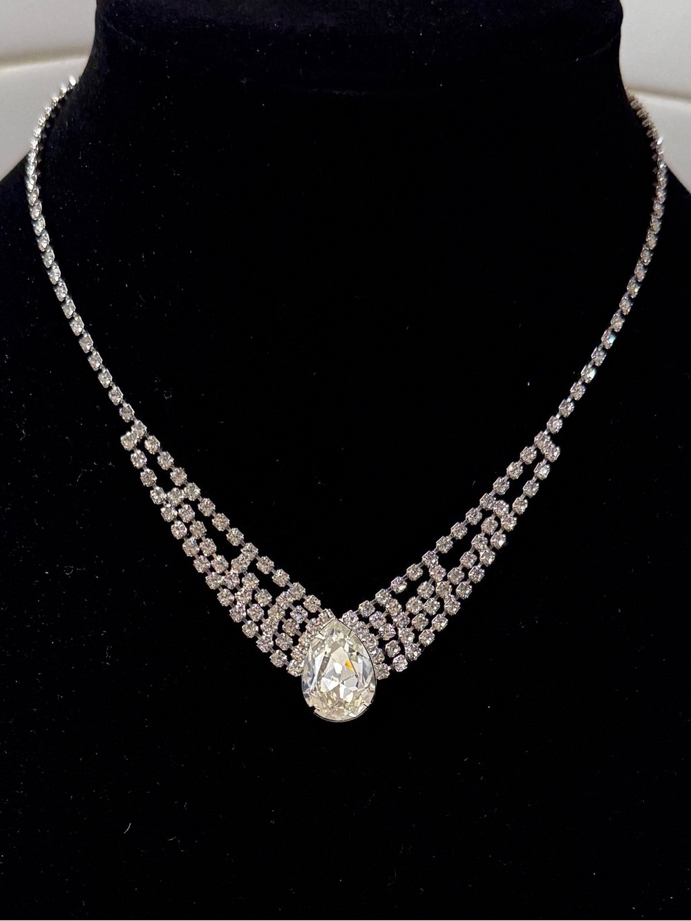 Crystal Teardrop Multi-Strand Necklace in Silver